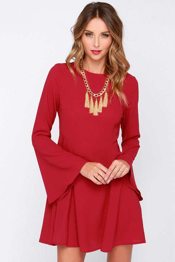 Pretty Wine Red Dress - Long Sleeve Dress - Bell Sleeve 