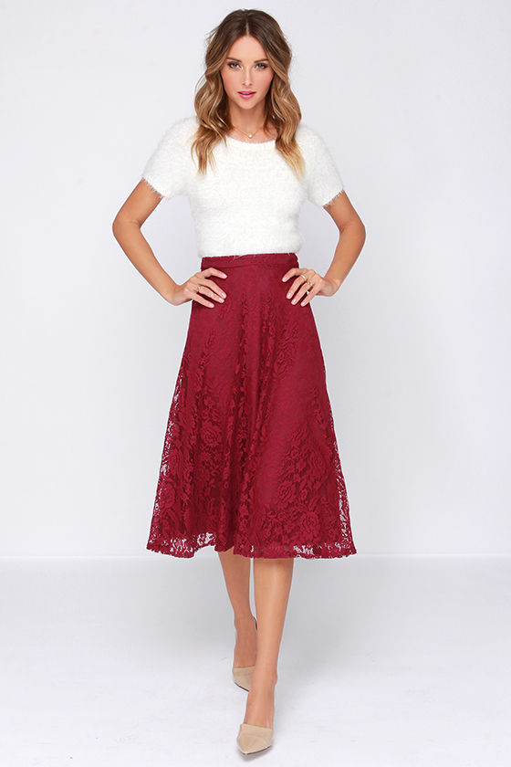 Pretty Burgundy Skirt - Midi Skirt - Lace Skirt - High Waisted ...