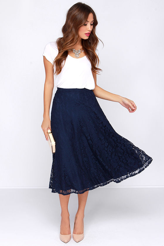 Pretty Navy Blue Skirt - Midi Skirt - Lace Skirt - High Waisted ...