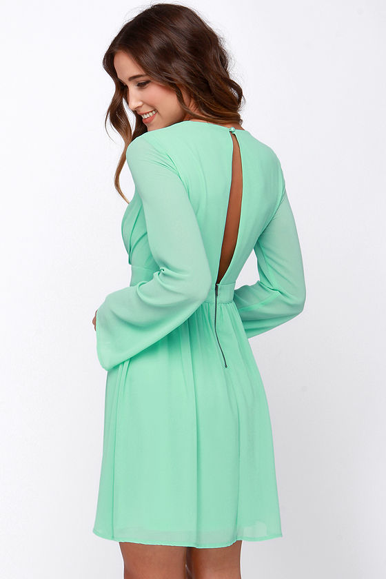 Pretty Mint Green Dress - Long Sleeve Dress - $43.00