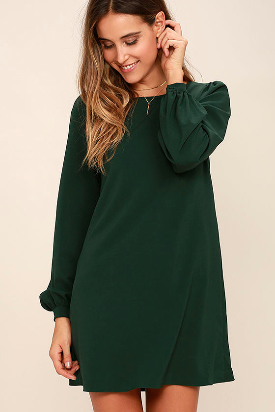 Cute Green Dress - Shift Dress - Long Sleeve Dress - $38.00