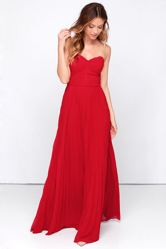 Red Dress - Maxi Dress - Strapless Dress - Pleated Dress - $89.00