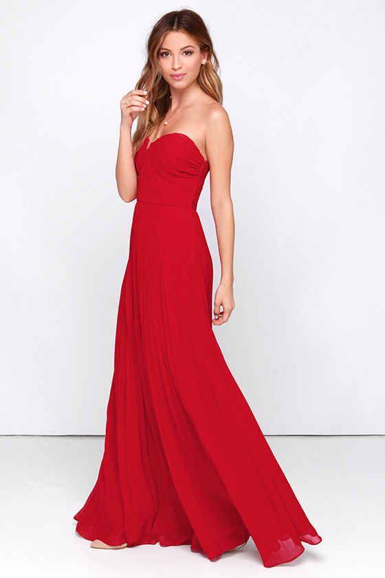 Red Dress - Maxi Dress - Strapless Dress - Pleated Dress - $89.00