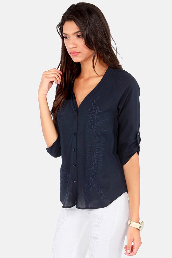 Cute Navy Blue Top - Embroidered Top - Button-Up Top - $49.00