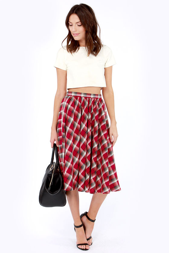 Cute Plaid Skirt - Red Skirt - Midi Skirt - High-Waisted Skirt ...