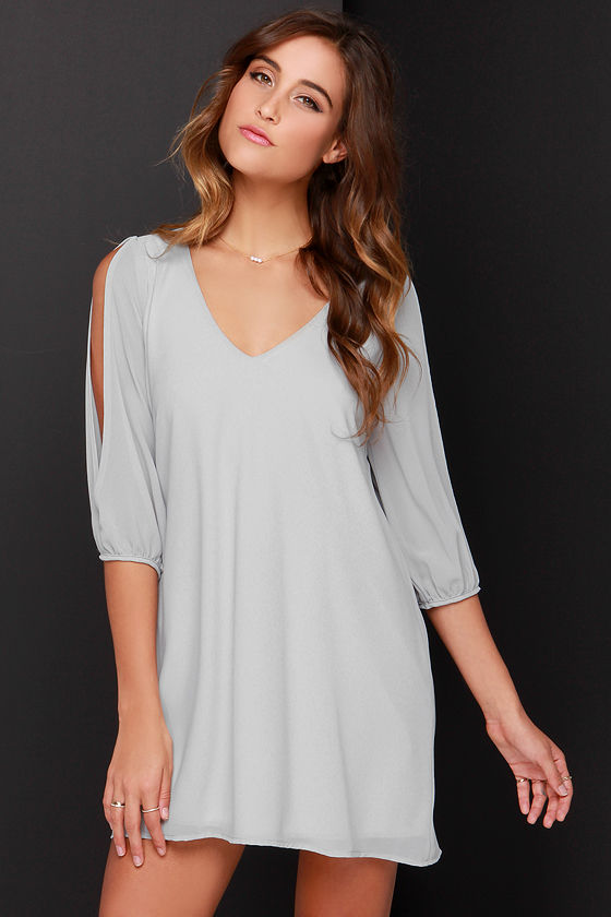 Pretty Grey Dress - Shift Dress - Cold Shoulder Dress - $44.00