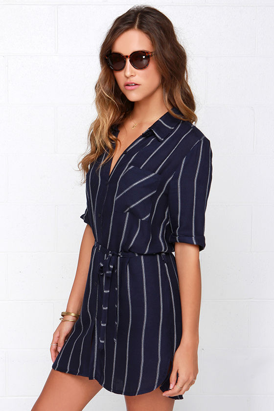 Cute Navy Blue Dress - Striped Dress - Shirt Dress - $45.00
