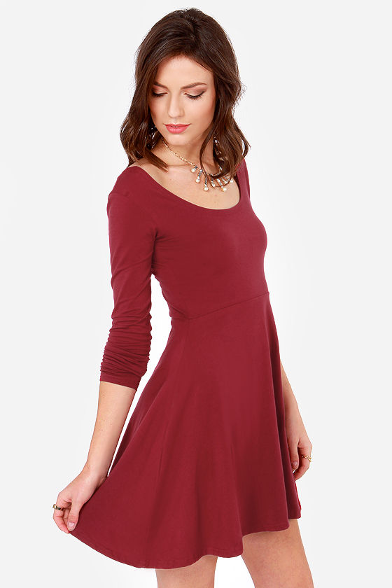Cute Wine Red Dress - Skater Dress - Long Sleeve Dress - $32.00