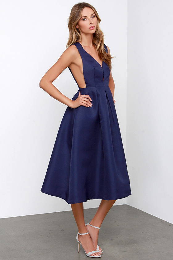 Midi Dress - Navy Blue Dress - Full Dress - $59.00