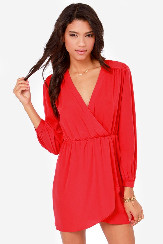 Cute Bright Red Dress - Wrap Dress - Long Sleeve Dress - $49.00