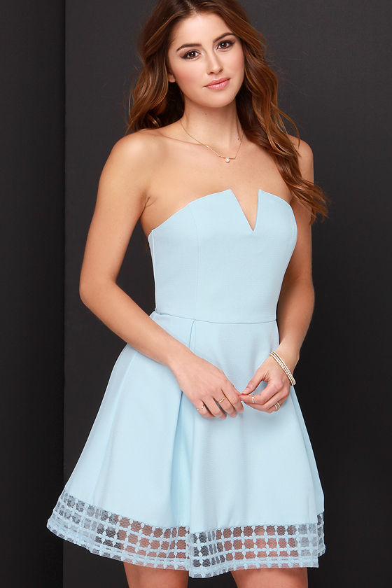 Pretty Light Blue Dress - Strapless Dress - Embroidered Dress - $56.00