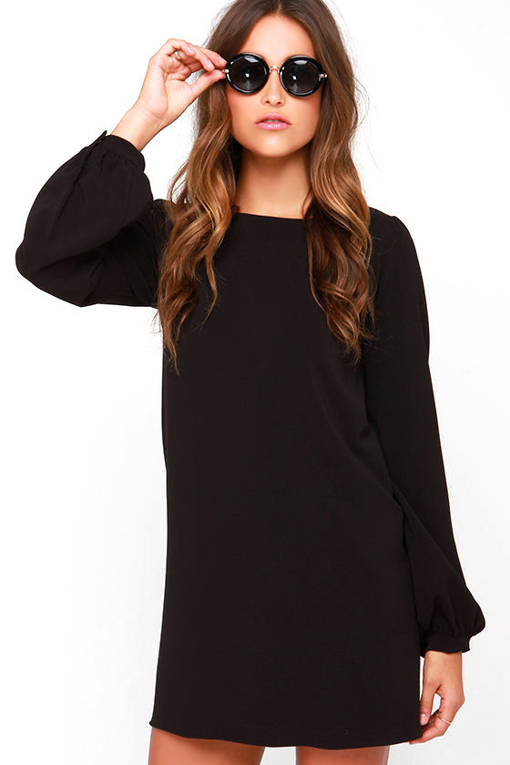 Cute Black Dress - Shift Dress - Long Sleeve Dress - $38.00