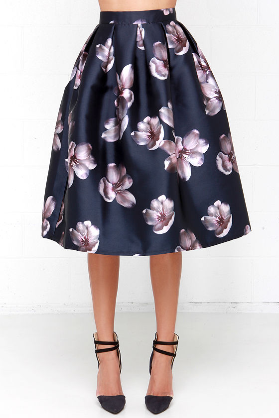 Elegant Midi Skirt - Floral Print Skirt - Navy Blue Skirt - $48.00