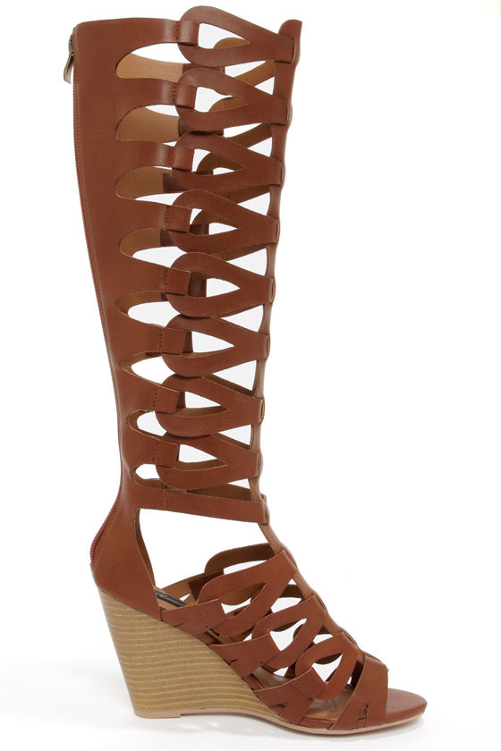 ... Soul Anglica Cognac Tall Caged Wedge Gladiator Sandals at Lulus