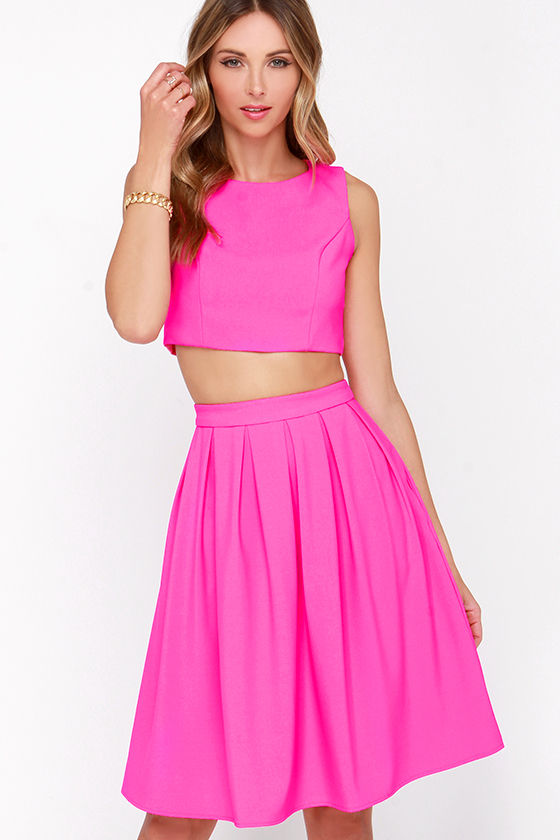 Hot Pink Two-Piece Dress - Pleated Dress - Pink Matching Set - $84.00