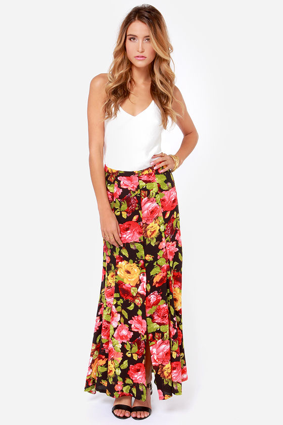 Beautiful Floral Print Skirt - Black Skirt - Maxi Skirt - $46.00