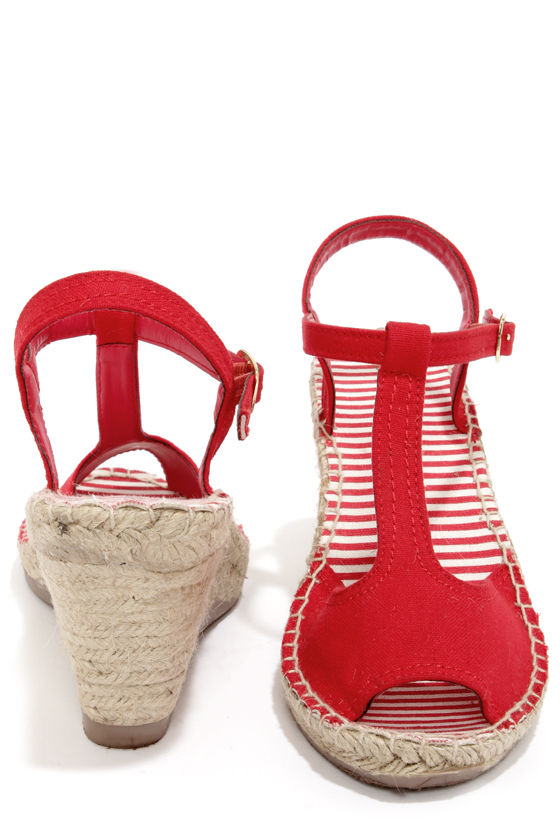 Fun Red Sandals - Espadrille Wedges - T-Strap Shoes - Red Shoes - $35.00