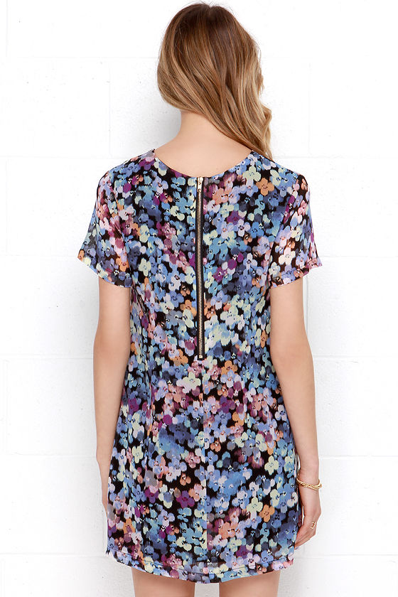 Blue Floral Print Dress - Shift Dress - Short Sleeve Dress - $49.00