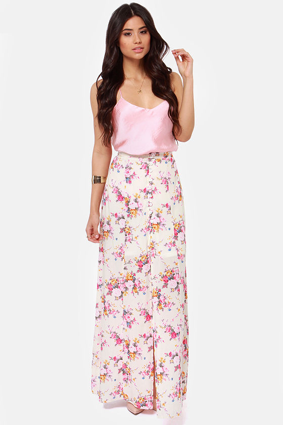 Beautiful Floral Print Skirt - Cream Skirt - Maxi Skirt - High ...