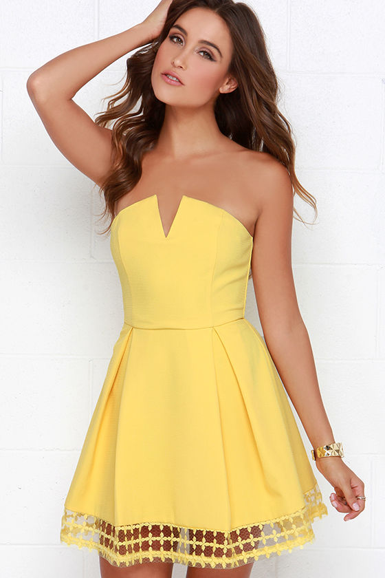 Pretty Yellow Dress - Strapless Dress - Embroidered Dress - $56.00