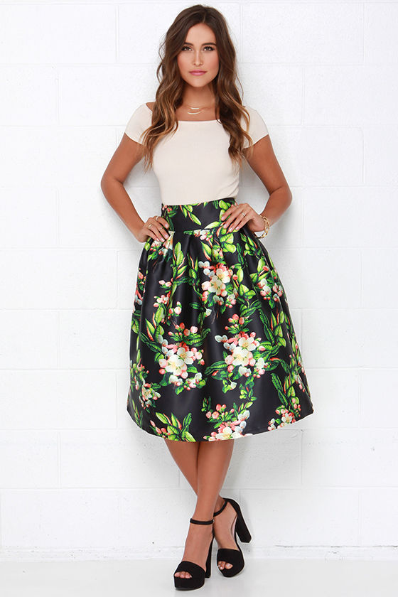 Lovely Black Skirt - Floral Print Skirt - Pleated Skirt - $84.00