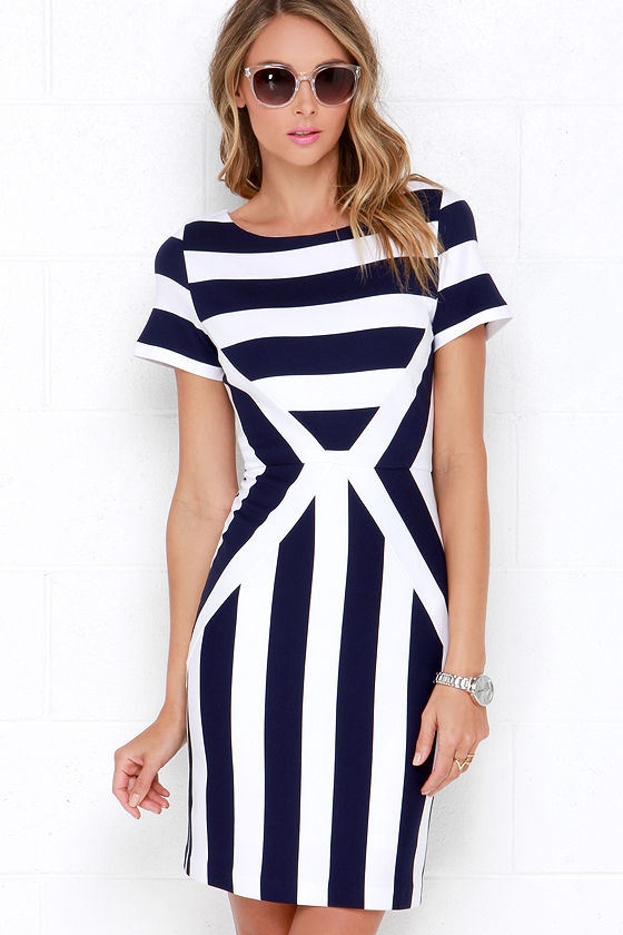 Striped Dress - Bodycon Dress - Ivory and Navy Blue Dress - $55.00