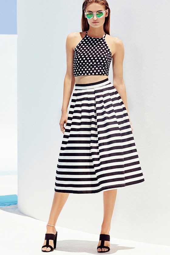 Black and Ivory Striped Skirt - Midi Skirt - High-Waisted Skirt ...