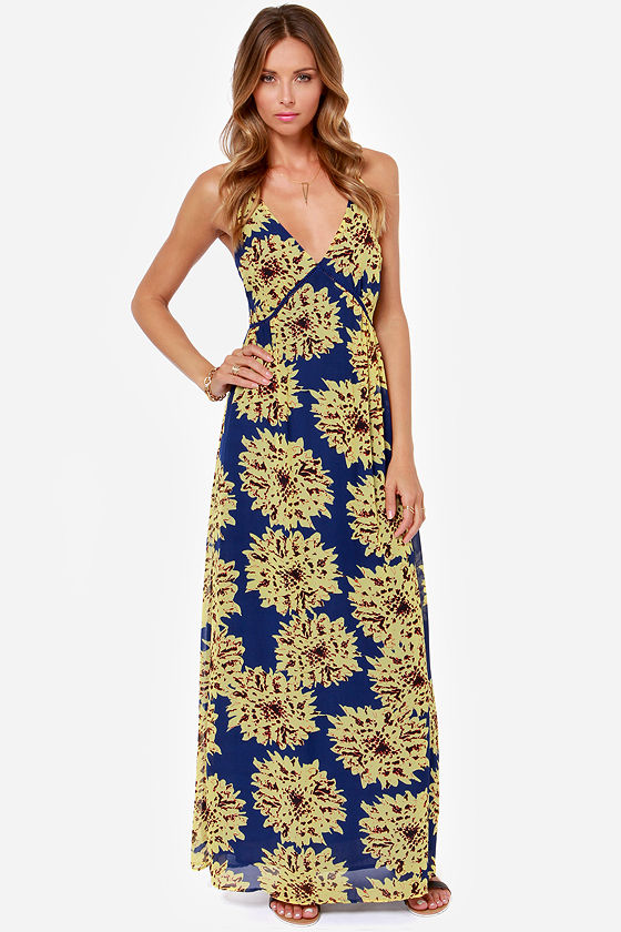 Cute Floral Print Dress - Maxi Dress - Blue Dress - Yellow Dress ...