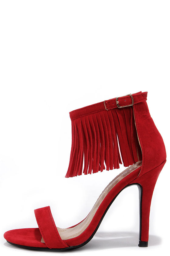 Cute Red Heels - Fringe Heels - Ankle Strap Heels - $31.00