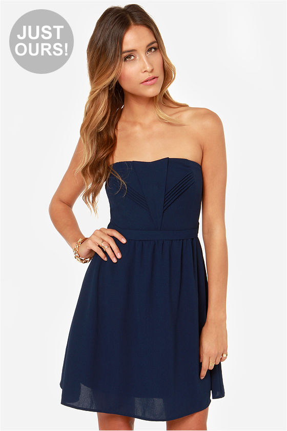 Pretty Navy Blue Dress - Strapless Dress - Darted Dress - $45.00