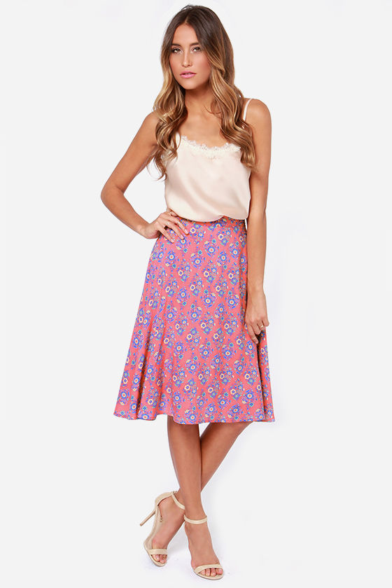 Cute Midi Skirt - Floral Print Skirt - Coral Skirt - $46.00