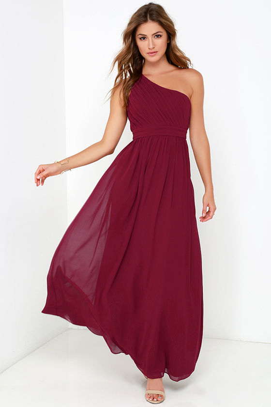 Wine Red Gown - Maxi Dress - One Shoulder Dress - $94.00