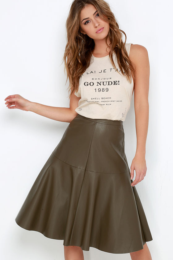 Olive Green Skirt - Vegan Leather Skirt - Midi Skirt - $67.00
