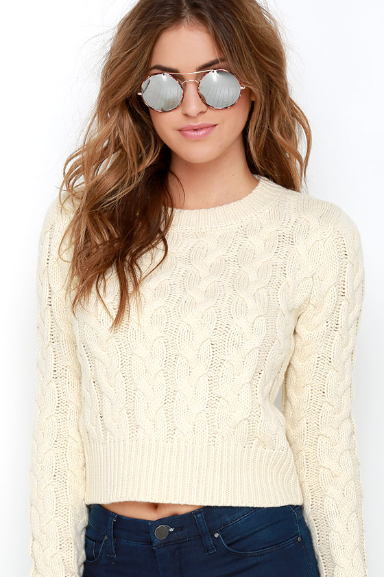 JOA Gentle Slope Cream Cropped Cable Knit Sweater