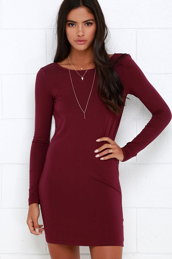 Sexy Burgundy Dress - Long Sleeve Dress - Backless Dress - $34.00