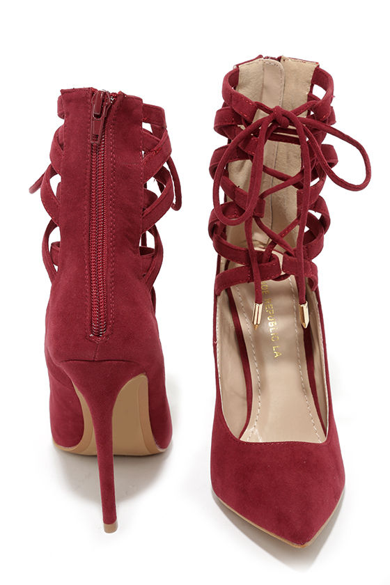 Sexy Wine Red Heels - Lace-Up Heels - Lace-up Pumps - $41.00