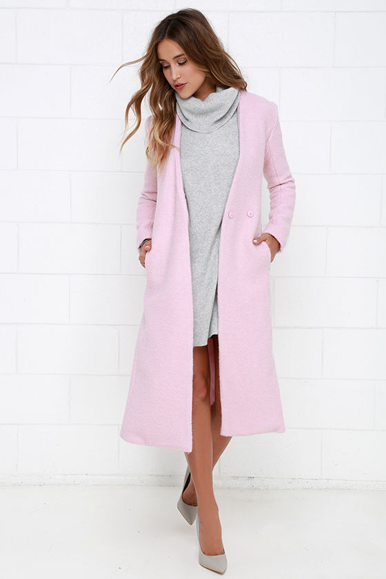 Light Pink Coat - Wool Coat - Collarless Coat - Long Coat - $134.00
