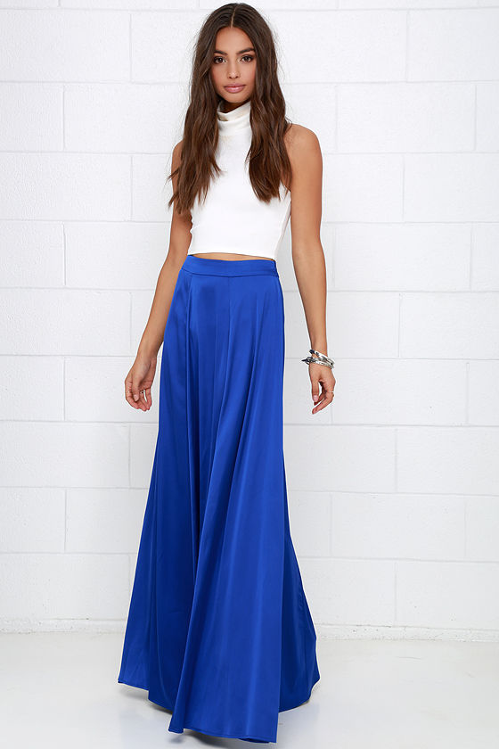 Cobalt Blue Skirt - Maxi Skirt - High-Waisted Skirt - Satin Skirt ...