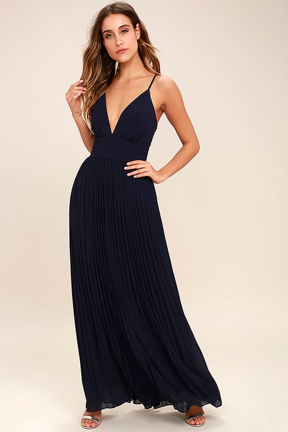 Stunning Navy Blue Dress - Pleated Maxi Dress - Blue Gown - $78.00