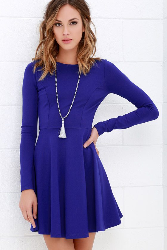 Cute Royal Blue Dress - Long Sleeve Dress - Skater Dress - $57.00