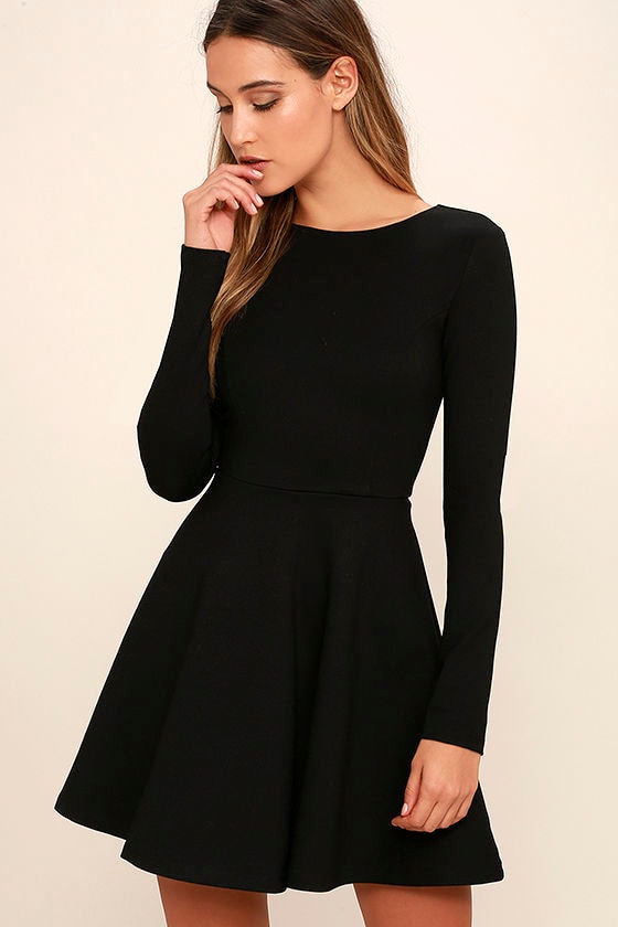 Cute Black Dress - Long Sleeve Dress - Skater Dress - $57.00