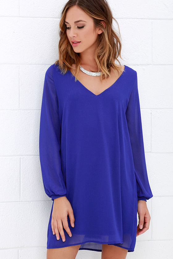 Cute Royal Blue Dress - Long Sleeve Dress - Shift Dress - $47.00