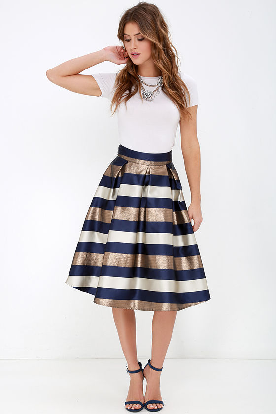Striped Skirt - Midi Skirt - Navy Blue and Bronze Skirt - $42.00