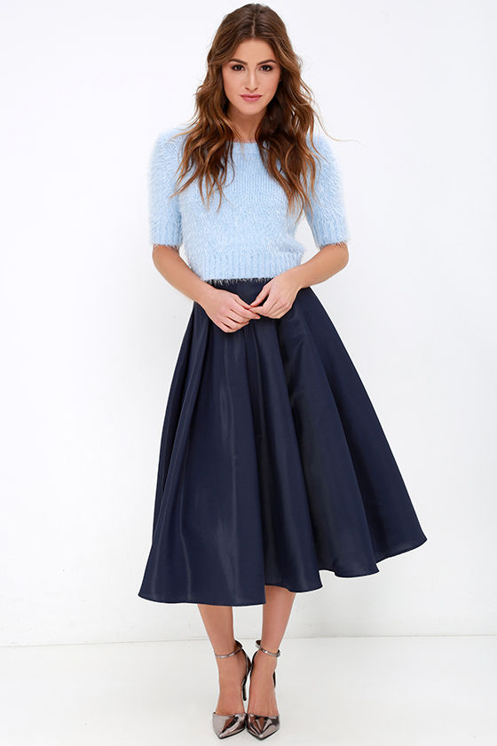 Navy Blue Skirt - Midi Skirt - High-Waisted Skirt - $62.00