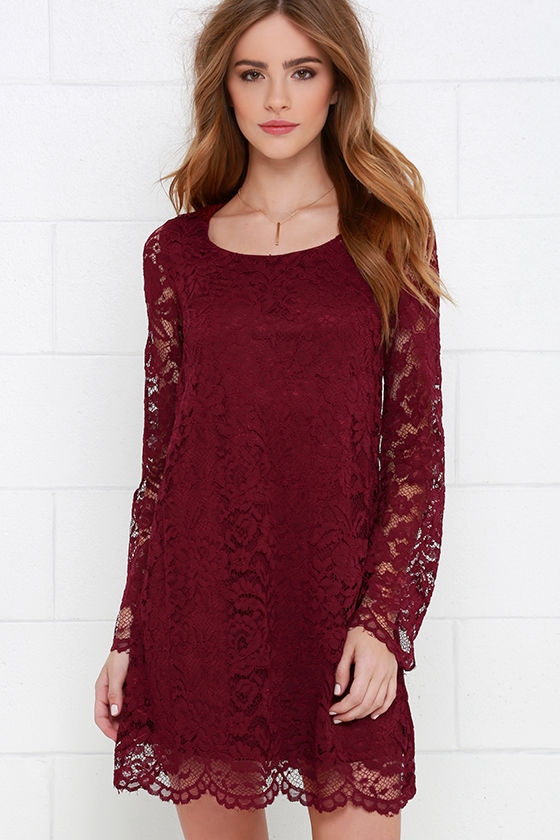 Burgundy Dress - Long Sleeve Dress - Lace Dress - Shift Dress - $56.00