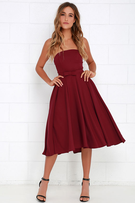 Lovely Wine Red Dress - Midi Dress - Strapless Dress - Tulle Dress ...