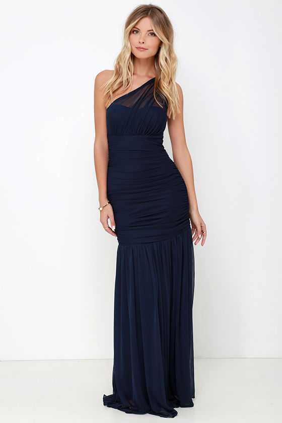 One Shoulder Dress - Maxi Dress - Navy Blue Dress - $98.00