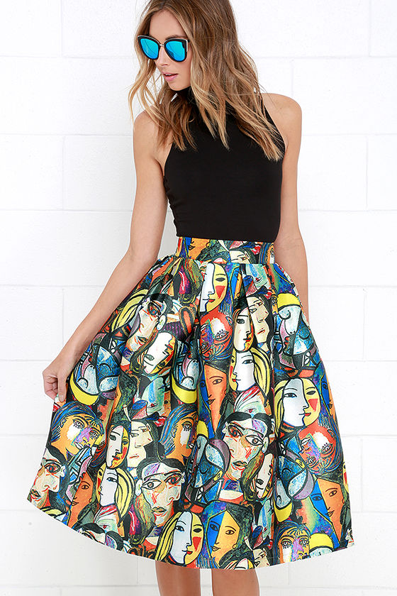 Cool Multicolored Print Skirt - Midi Skirt - Graphic Print Skirt ...