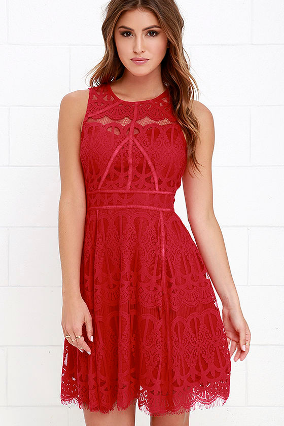 Red Dress - Lace Dress - Skater Dress - $115.00