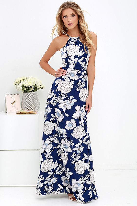 Lovely Blue Floral Print Dress - Maxi Dress - Halter Maxi - $59.00